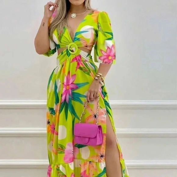 Women's Casual & Holiday Good Vibes Waist-Revealing & Slit Long Dress - Picture 3 of 3